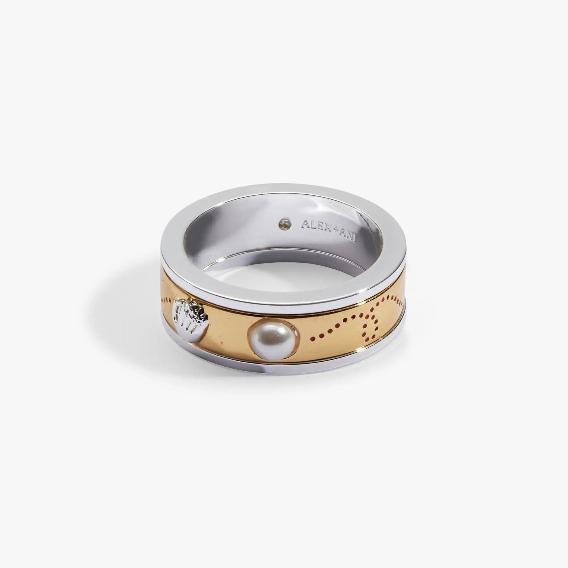 Baseball Fidget Ring by ALEX AND ANI, two-tone silver top with gold perforated band on Tampa Home & Garden Store