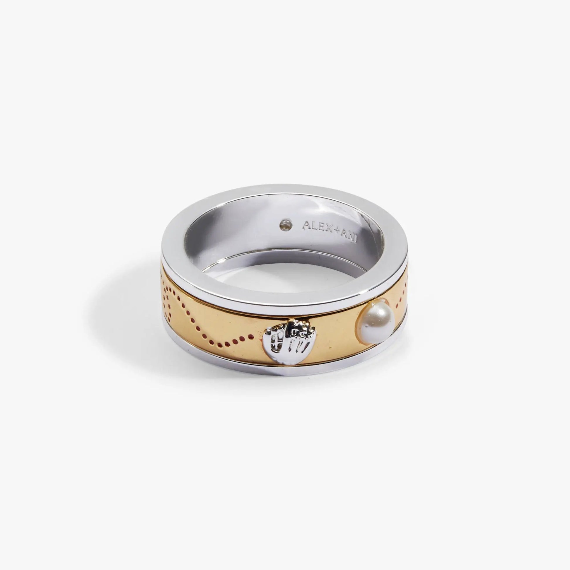Baseball Fidget Ring by ALEX AND ANI, gold-tone band with perforations and tiny baseball charm on Tampa Home & Garden Store
