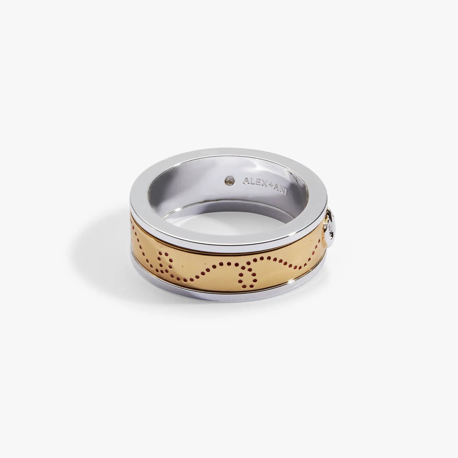 Baseball Fidget Ring by ALEX AND ANI, two-tone metal with tan perforated leather band on Tampa Home & Garden Store