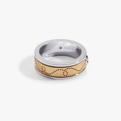 Baseball Fidget Ring by ALEX AND ANI, two-tone metal with tan perforated leather band on Tampa Home & Garden Store