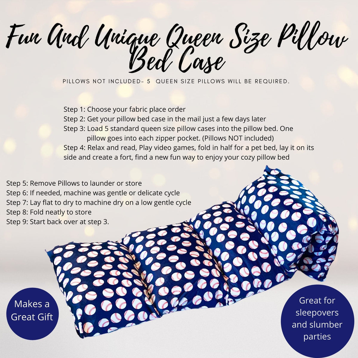 Baseball print pillow bed slipcover set for kids floor loungers, navy with baseballs, 3pack on Tampa Home & Garden Store