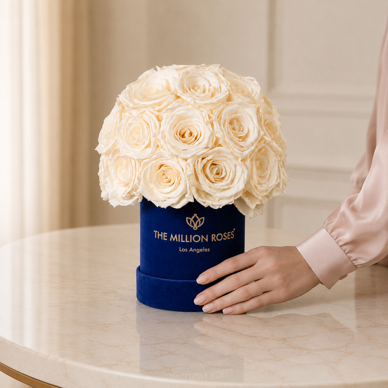 Essence Royal Blue Suede Superdome Box with ivory white roses by The Million Roses on Tampa Home & Garden Store