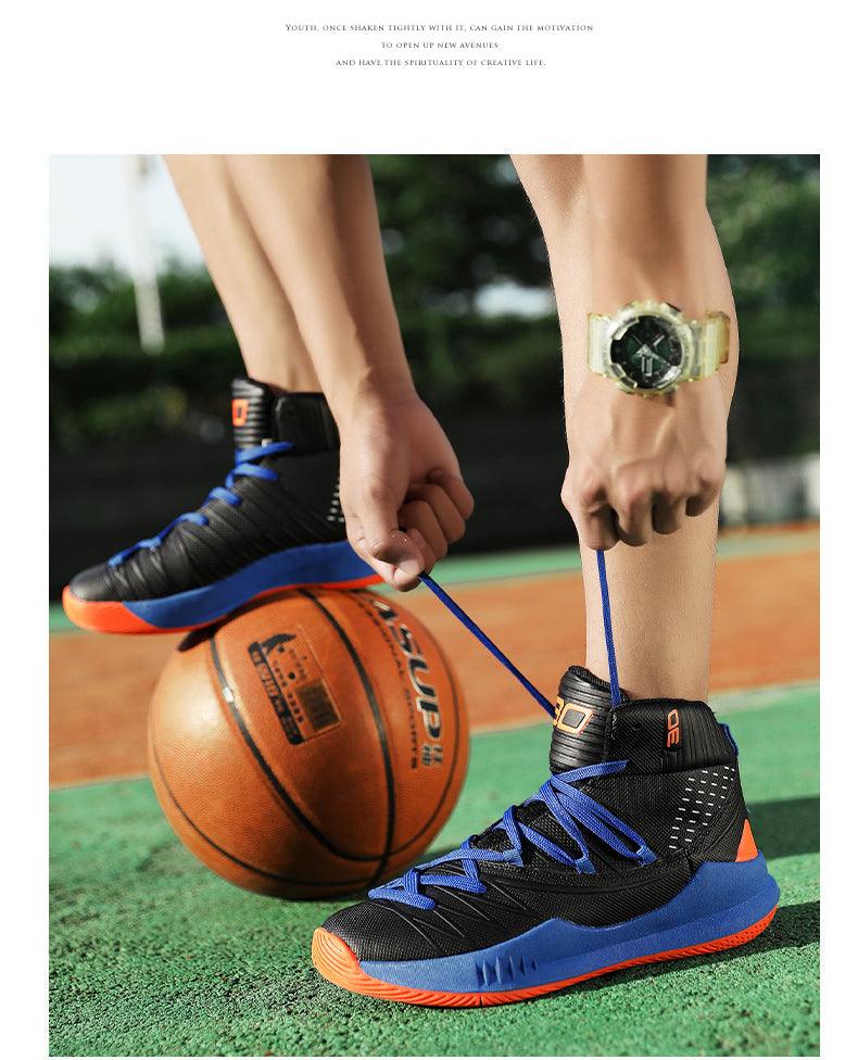 Stevvex high-top basketball shoes black with blue laces and blue midsole on outdoor court on Tampa Home & Garden Store