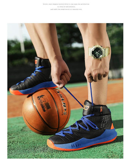 Stevvex high-top basketball shoes black with blue laces and blue midsole on outdoor court on Tampa Home & Garden Store