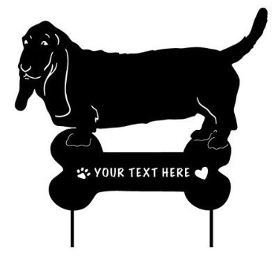 Basset Hound statue black silhouette atop bone sign YOUR TEXT HERE Rustica Ornamentals on Tampa Home & Garden Store