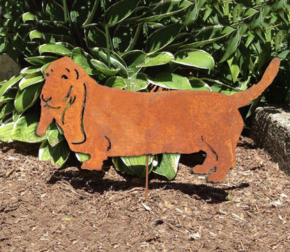 Basset Hound lawn statue rusted metal silhouette on garden stake on Tampa Home & Garden Store