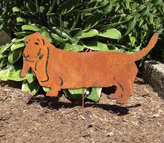 Basset Hound lawn statue rusted metal silhouette on garden stake on Tampa Home & Garden Store