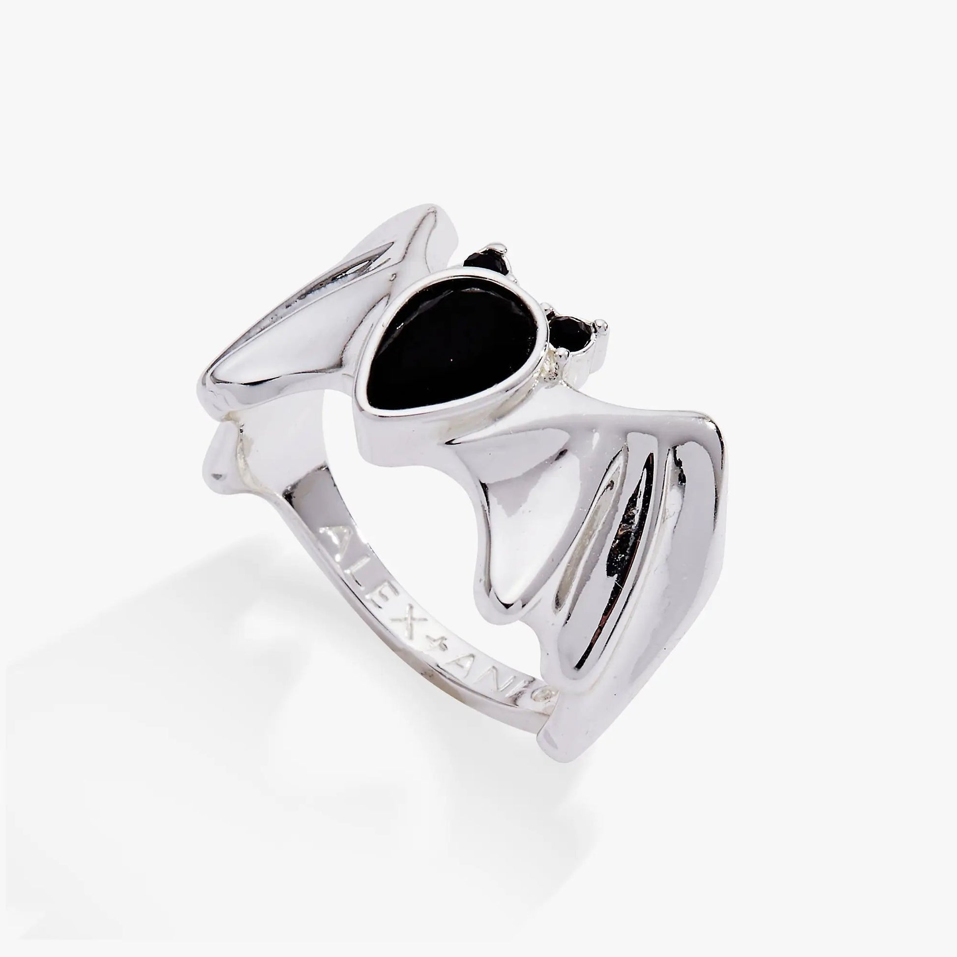 Crystal Bat Ring in silver with black crystal centerpiece and bat-wing design by ALEX AND ANI on Tampa Home & Garden Store