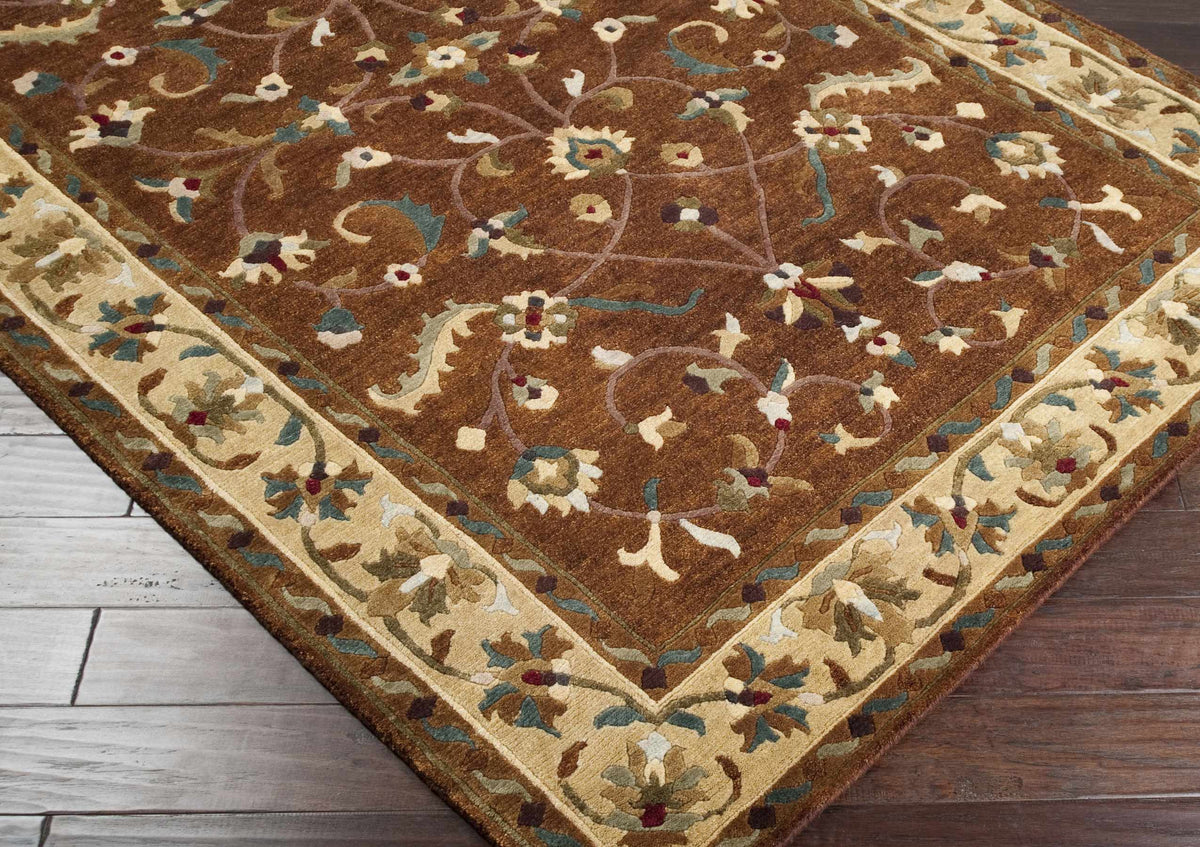 Batesburg Wool Area Carpet by Boutique Rugs, brown field with cream border and floral vines on Tampa Home & Garden Store