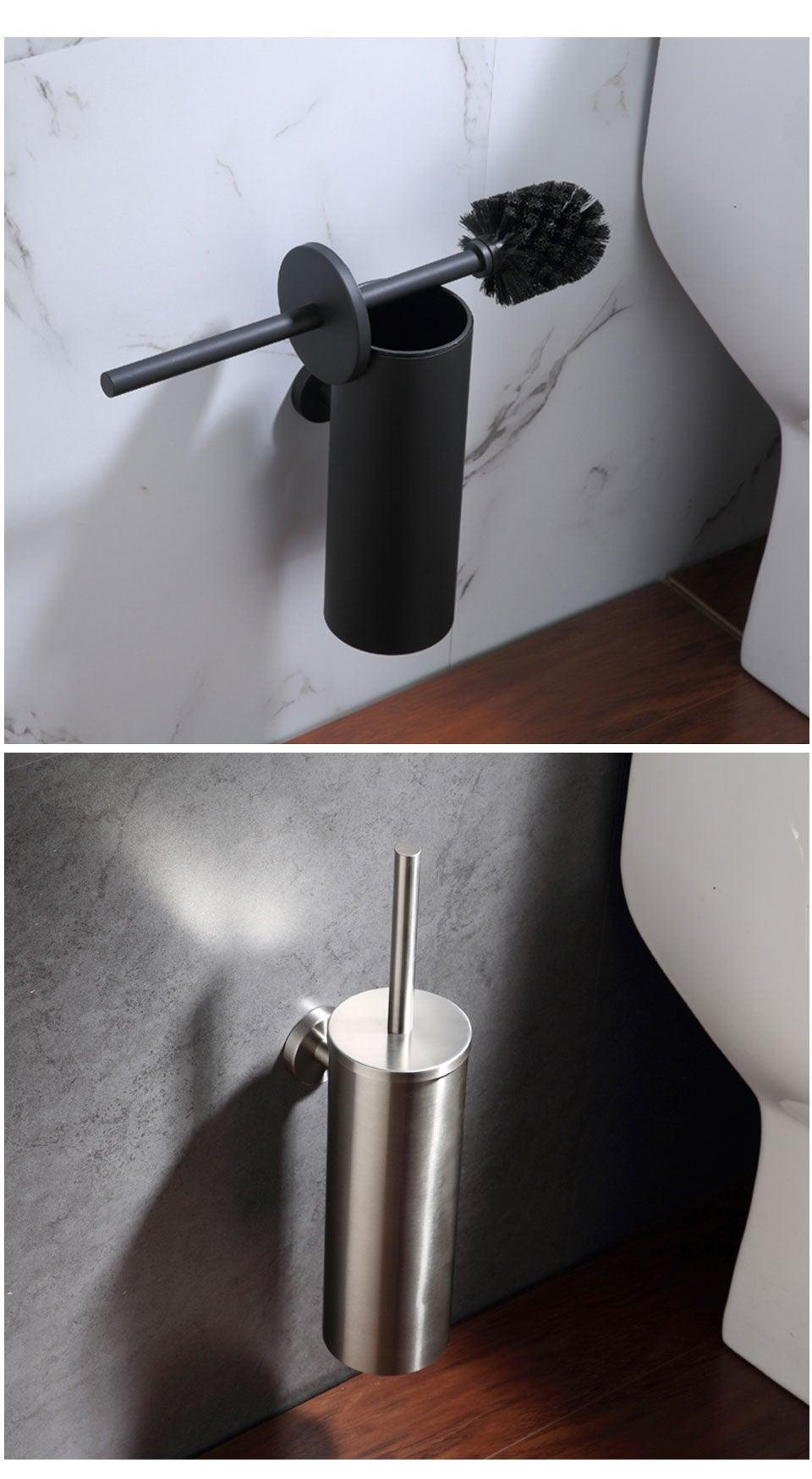 Matte black wall-mount toilet brush holder with brush on Tampa Home & Garden Store
Brushed stainless steel wall-mount toilet brush holder with long handle on Tampa Home & Garden Store