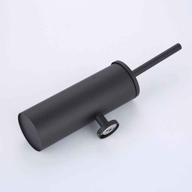 Matte black wall-mount toilet brush holder by Stevvex, cylindrical canister with wall bracket on Tampa Home & Garden Store
