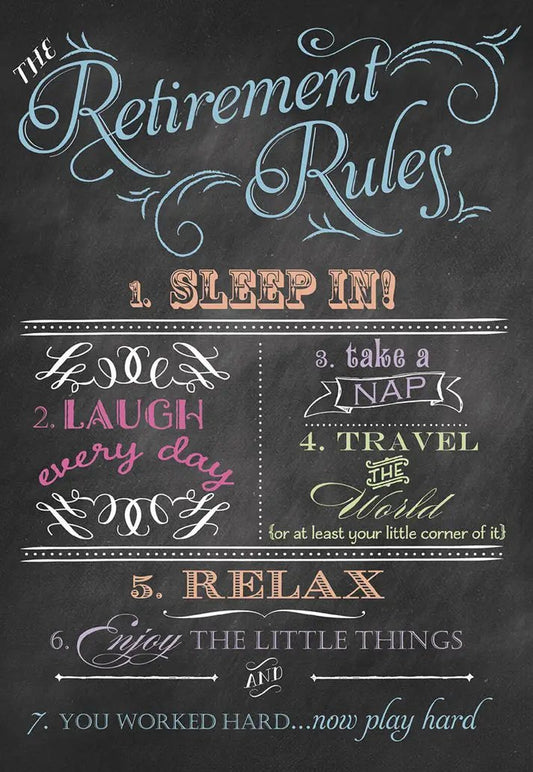 Retirement Rules greeting card chalkboard design with pastel typography for retirement on Tampa Home & Garden Store