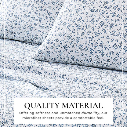 Printed Sheet Set Baylor Collection by Great Bay Home, blue floral pattern on white on Tampa Home & Garden Store