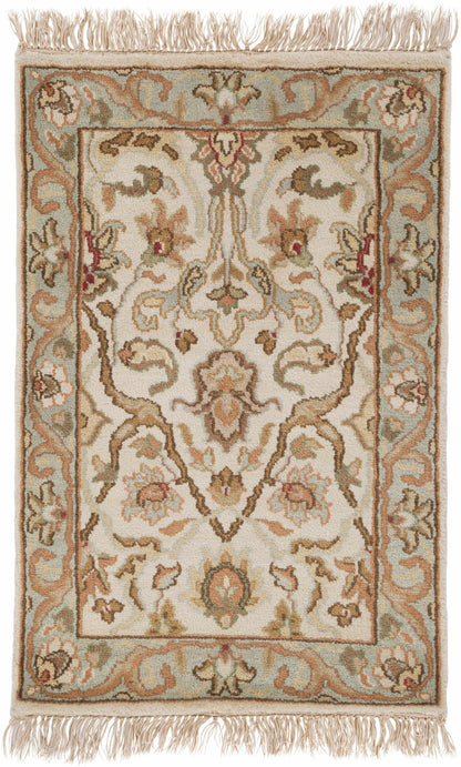 Baylis area rug by Boutique Rugs, beige ivory with ornate sage border, fringed ends on Tampa Home & Garden Store