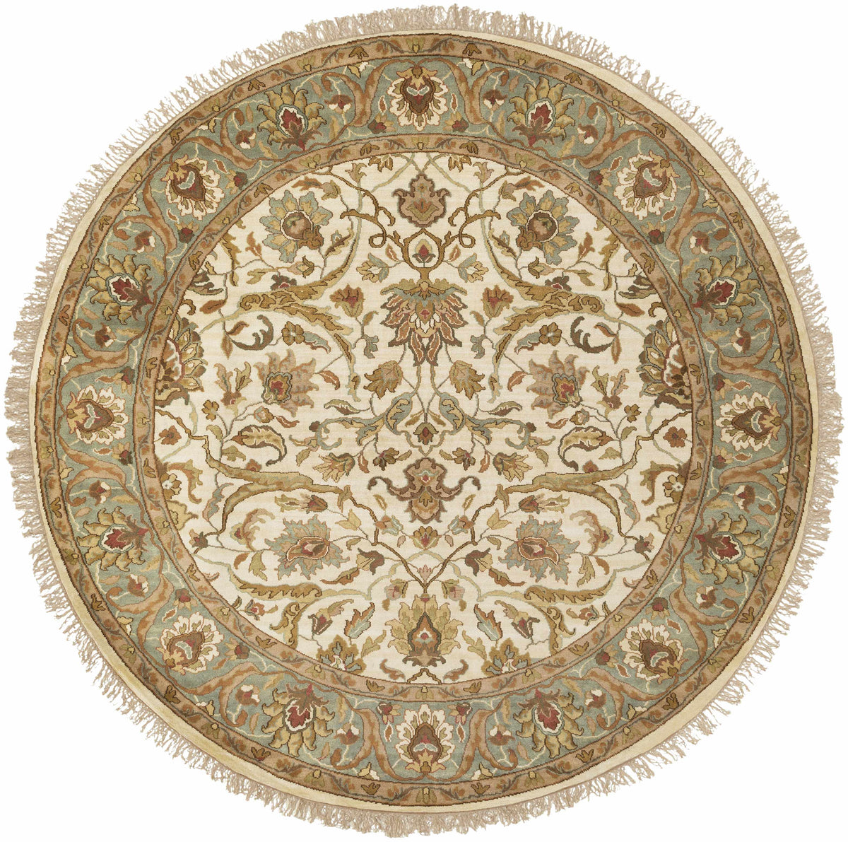 Baylis Area Carpet rug by Boutique Rugs, round floral medallion design in cream teal tan fringe on Tampa Home & Garden Store
