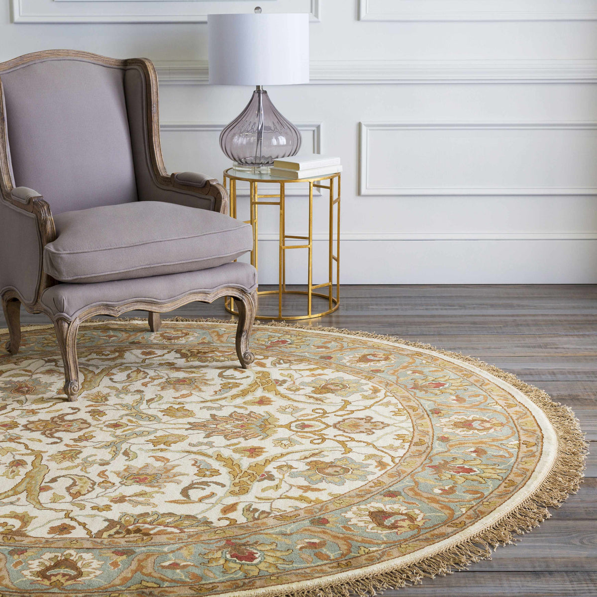 Baylis Area Carpet rug by Boutique Rugs with cream field and ornate gold floral border fringe on Tampa Home & Garden Store
