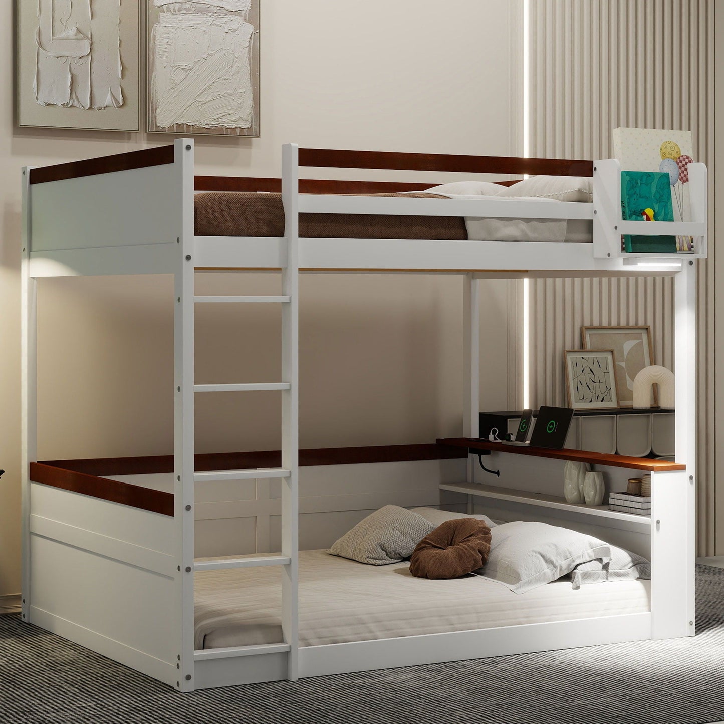Bunk bed with builtin shelves, storage box and LED USB charger, white frame with dark wood rails on Tampa Home & Garden Store