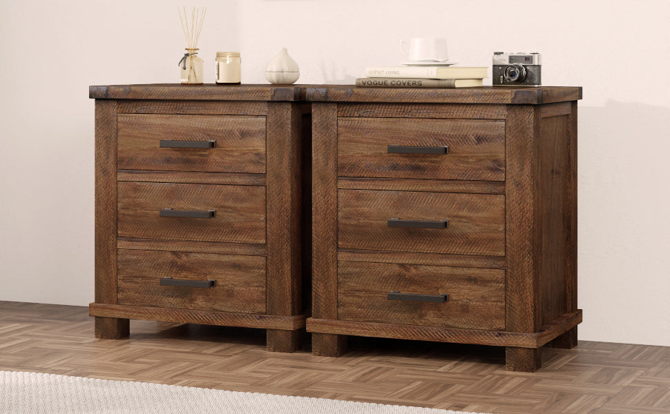 Rustic reclaimed solid wood nightstands set of two with three drawers and dark metal pulls on Tampa Home & Garden Store