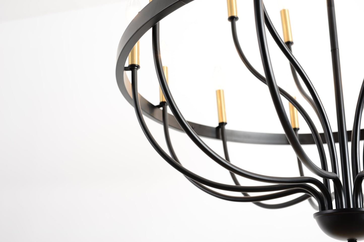 15-Light industrial iron chandelier with black metal rings and gold candle sleeves on Tampa Home & Garden Store