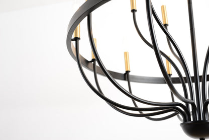 15-Light industrial iron chandelier with black metal rings and gold candle sleeves on Tampa Home & Garden Store