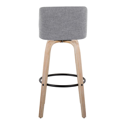 Mid-Century Modern bar stool with grey fabric upholstery, natural wood legs, round footrest on Tampa Home & Garden Store