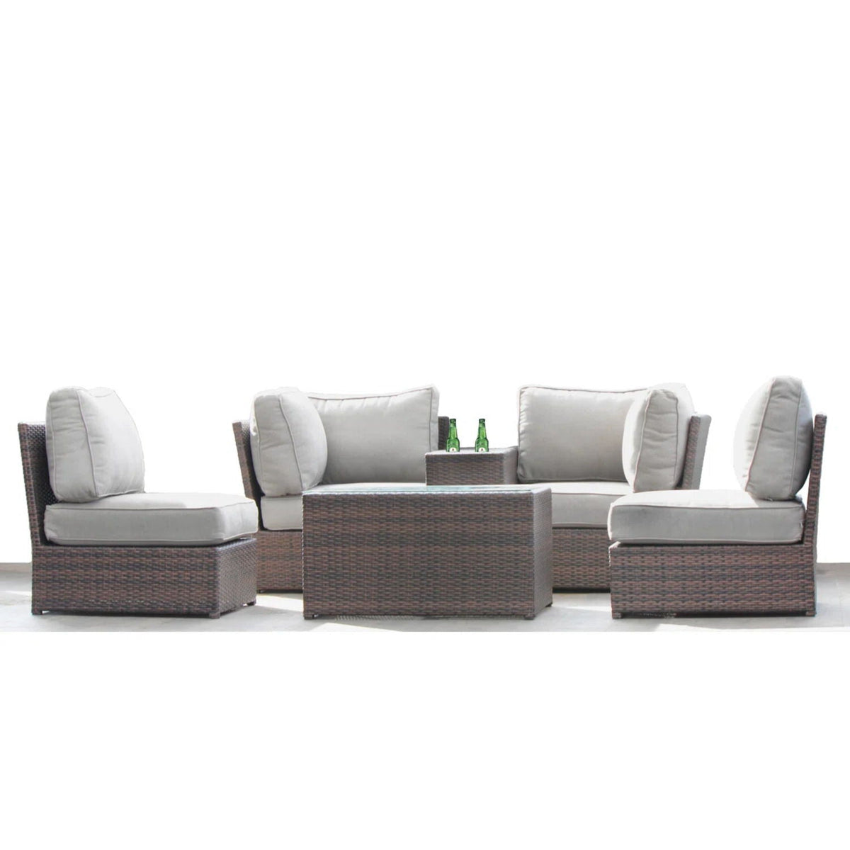 Comfortable modern patio rattan 3-piece sectional with light gray cushions and brown wicker on Tampa Home & Garden Store