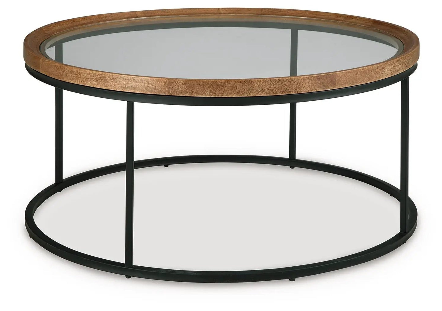 Noraluna Round End Table with glass top, wood rim, black metal frame Unique Piece Furniture on Tampa Home & Garden Store