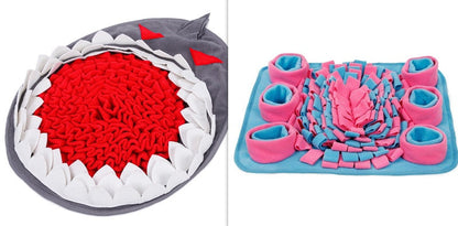 Dog snuffle mats pair: round gray mat with red center fringe; blue mat with pink pockets on Tampa Home & Garden Store