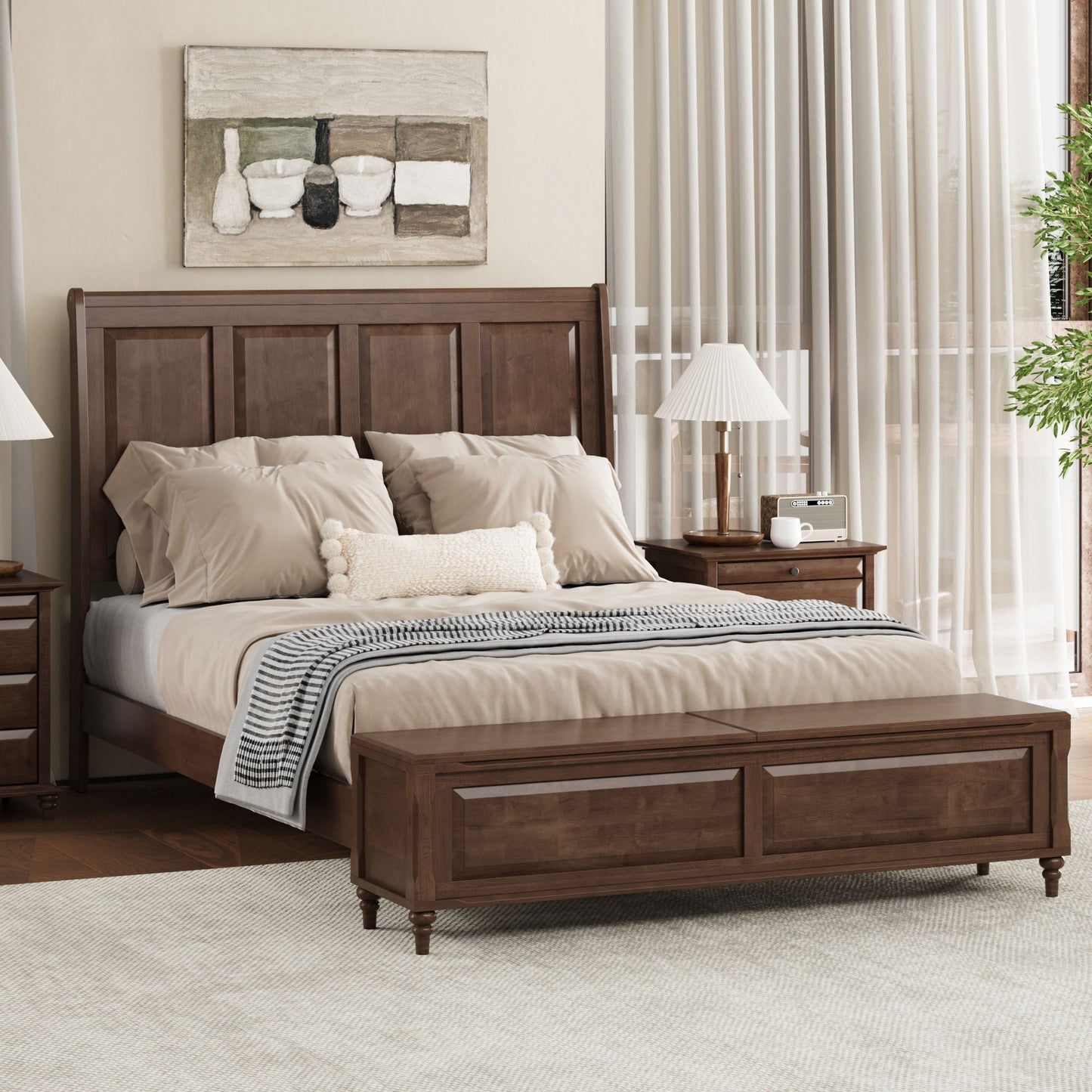 Modern Sleigh Bed with Tall Headboard and Bench