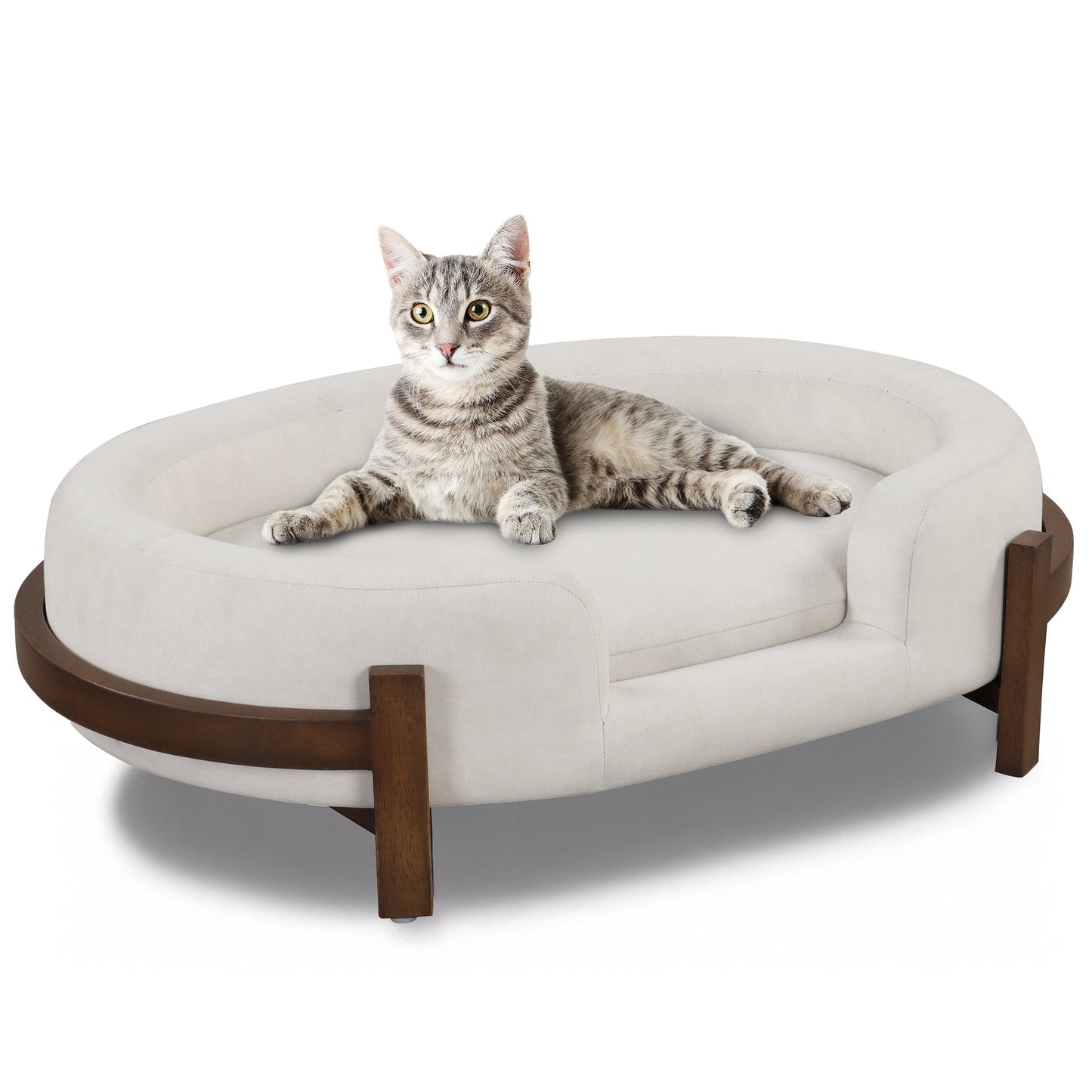 Calming dog bed by HouseOfZazla in light beige durable fabric, round cushioned pet furniture on Tampa Home & Garden Store
