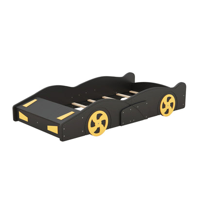Race Car Shaped Platform Bed with Wheels and Storage, black frame with yellow wheels on Tampa Home & Garden Store