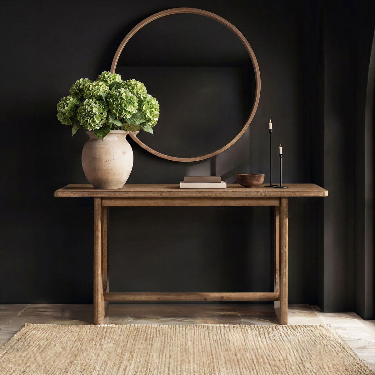 Reclaimed pine trestle console table in antique brown with open base on Tampa Home & Garden Store