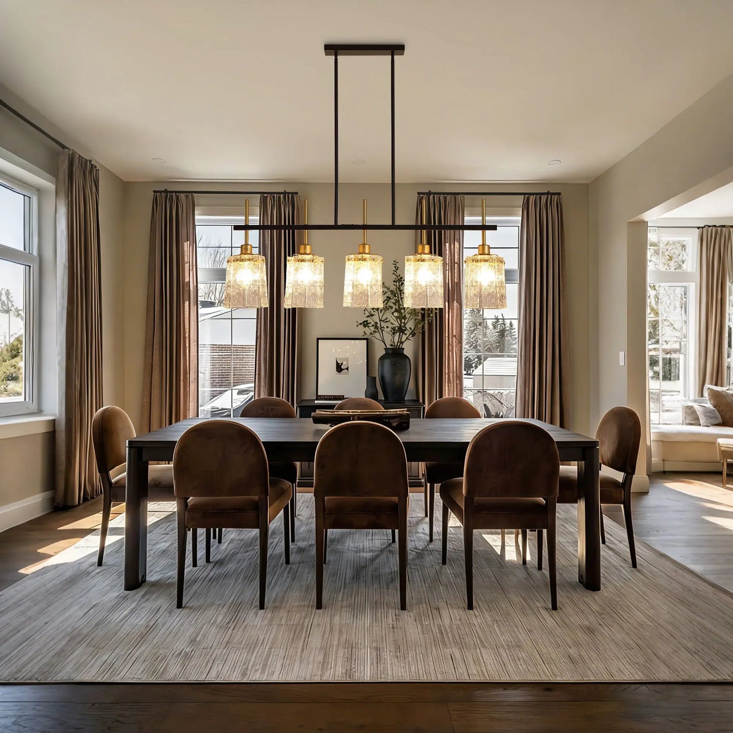 Chandelier 5 Light black and gold finish with textured glass shades over dining table on Tampa Home & Garden Store
