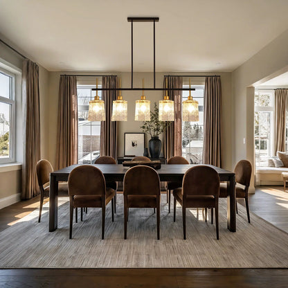 Chandelier 5 Light black and gold finish with textured glass shades over dining table on Tampa Home & Garden Store