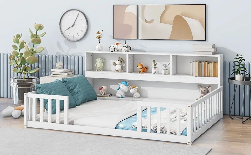 Floor Bed With Side Bookcase and Guard Rails