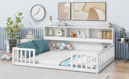 Floor Bed With Side Bookcase and Guard Rails