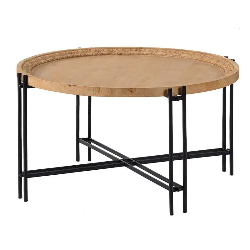 Farmhouse Round Wood Coffee Table with Metal Legs