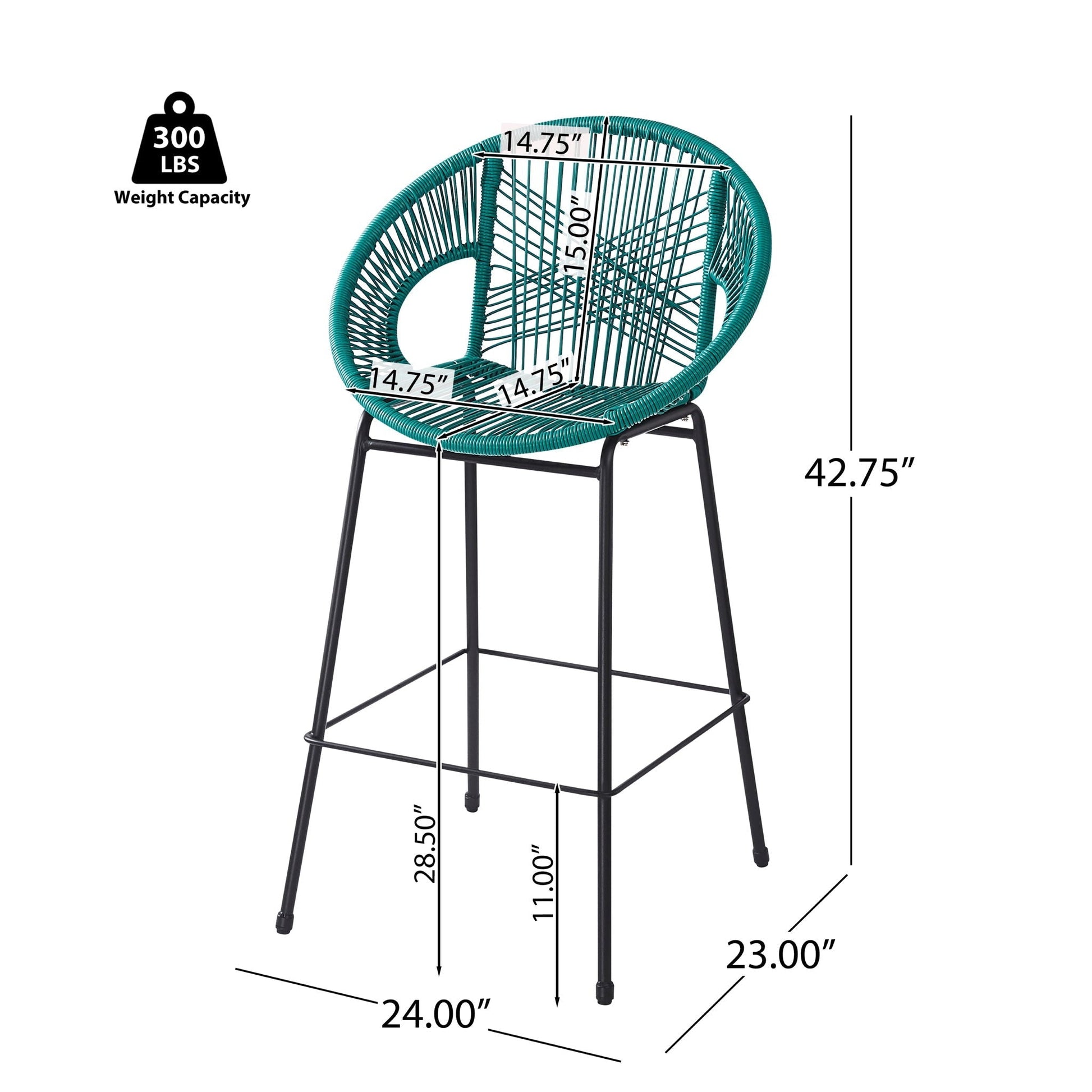Ferrara outdoor barstool set of 2, teal circular woven back and seat, black metal legs on Tampa Home & Garden Store
