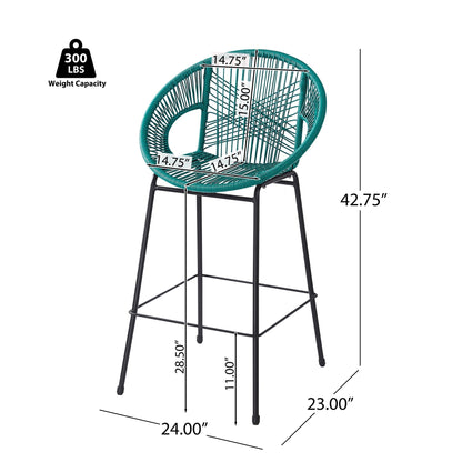 Ferrara outdoor barstool set of 2, teal circular woven back and seat, black metal legs on Tampa Home & Garden Store