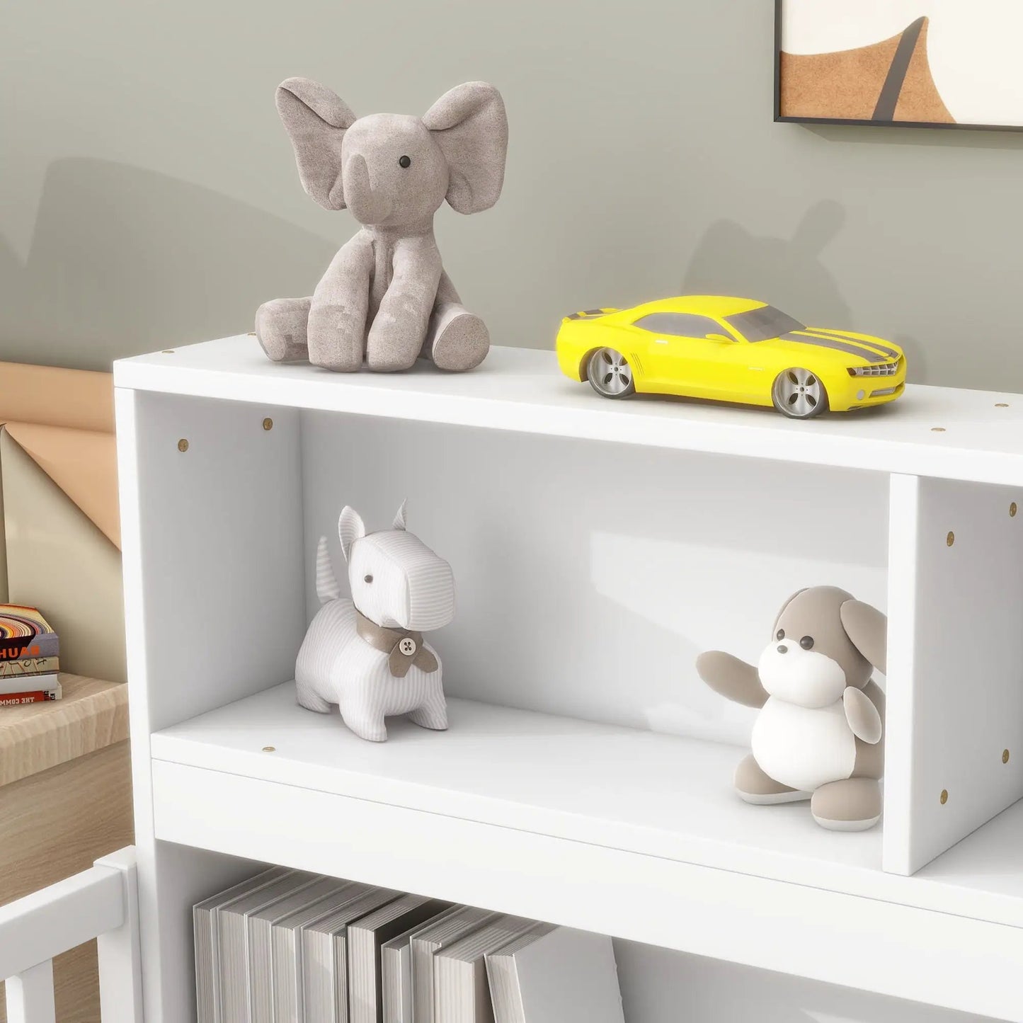 Floor Bed with Bedside Bookcase and Guardrails