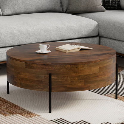 Round solid mango wood coffee table with dark finish and black metal legs by HouseOfZazla on Tampa Home & Garden Store