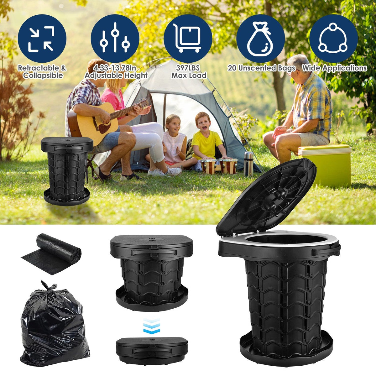 GemGear collapsible portable toilet for adults with height lid for camping with 20 bags on Tampa Home & Garden Store