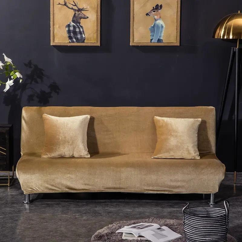 Velvet armless folding sofa bedspread on tan sofa with two cushions in a modern living room on Tampa Home & Garden Store