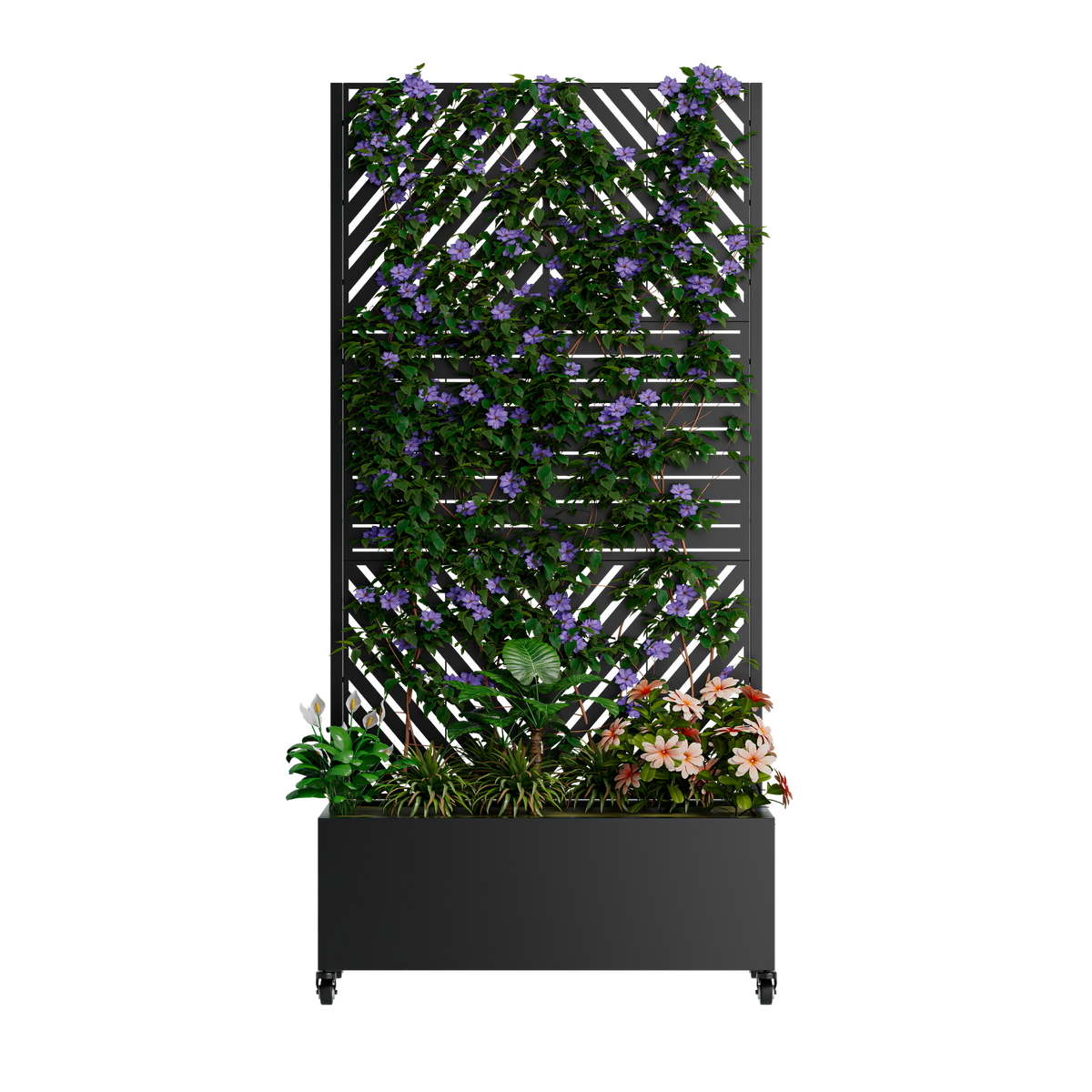 Metal planter with trellis, black finish, climbing ivy and purple flowers on wheels HouseOfZazla on Tampa Home & Garden Store