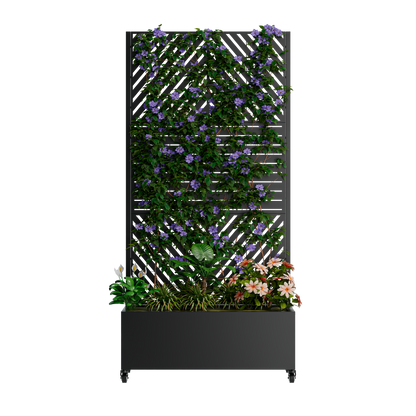 Metal planter with trellis, black finish, climbing ivy and purple flowers on wheels HouseOfZazla on Tampa Home & Garden Store