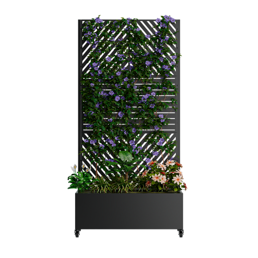 Metal planter with trellis, black finish, climbing ivy and purple flowers on wheels HouseOfZazla on Tampa Home & Garden Store