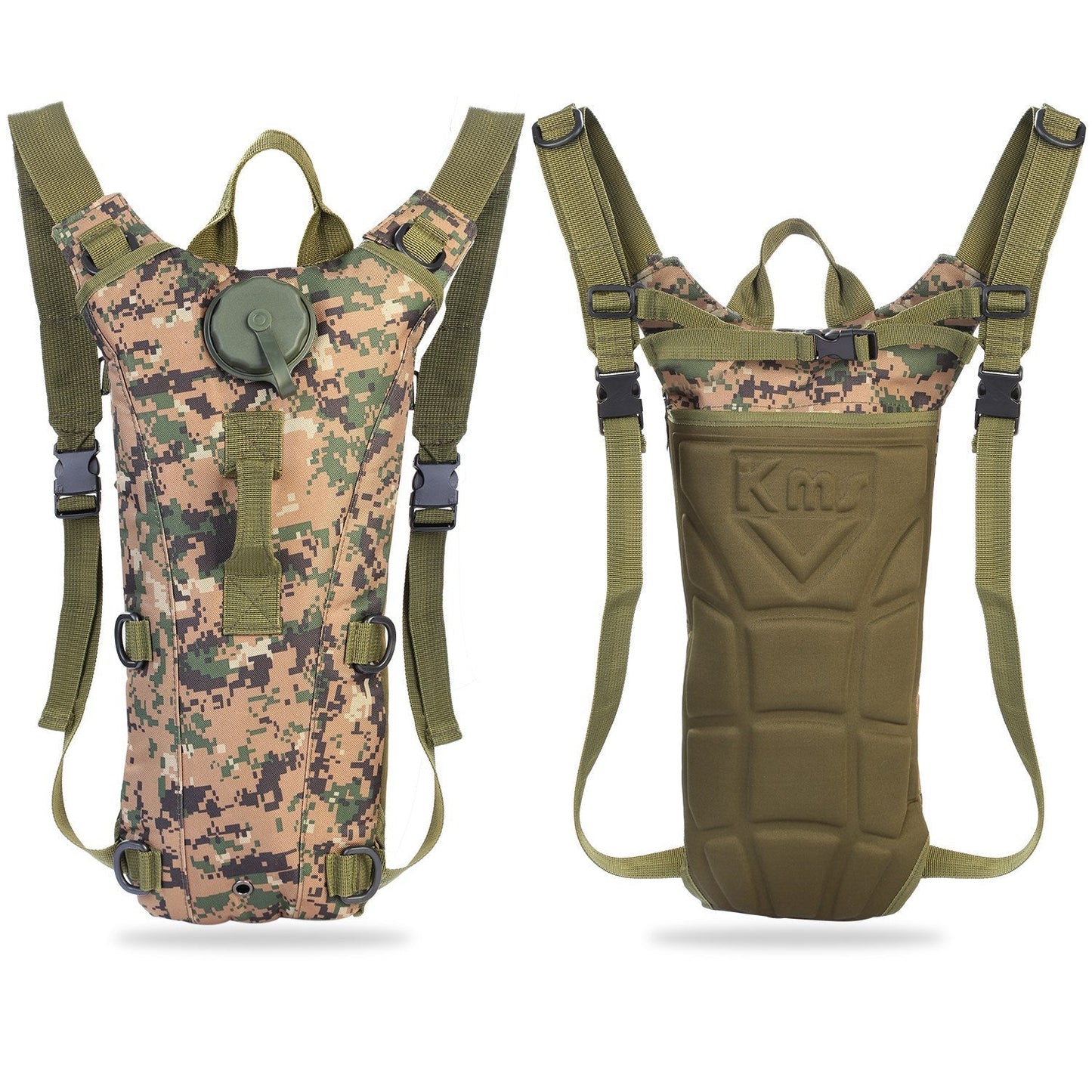 iMounTEK tactical hydration pack with 3L bladder, camo front and olive back, adjustable straps on Tampa Home & Garden Store