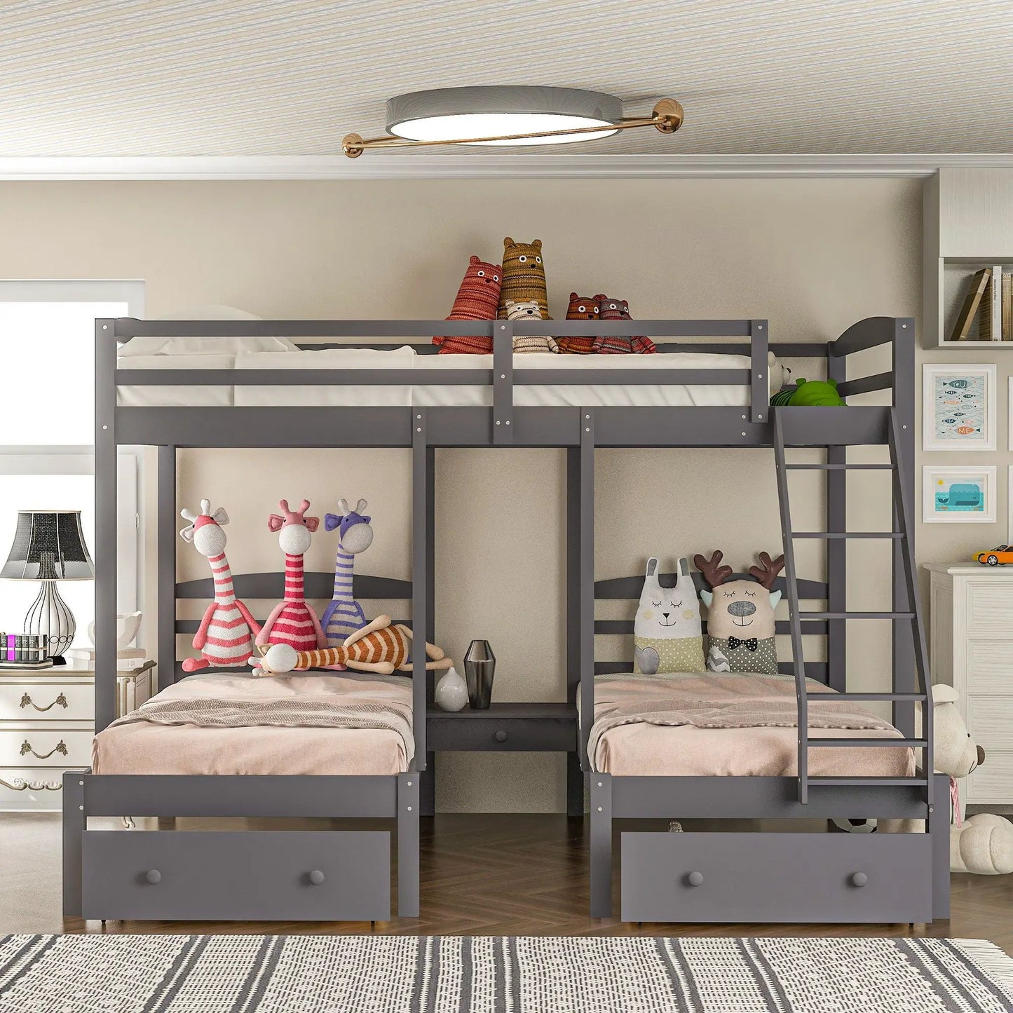 Gray Full Over Twin and Twin Bunk With Drawers