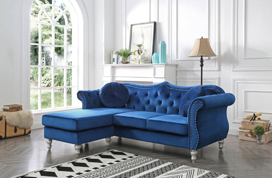 Hollywood Sofa Chaise by HouseOfZazla; blue velvet stationary sectional with tufted cushions on Tampa Home & Garden Store
