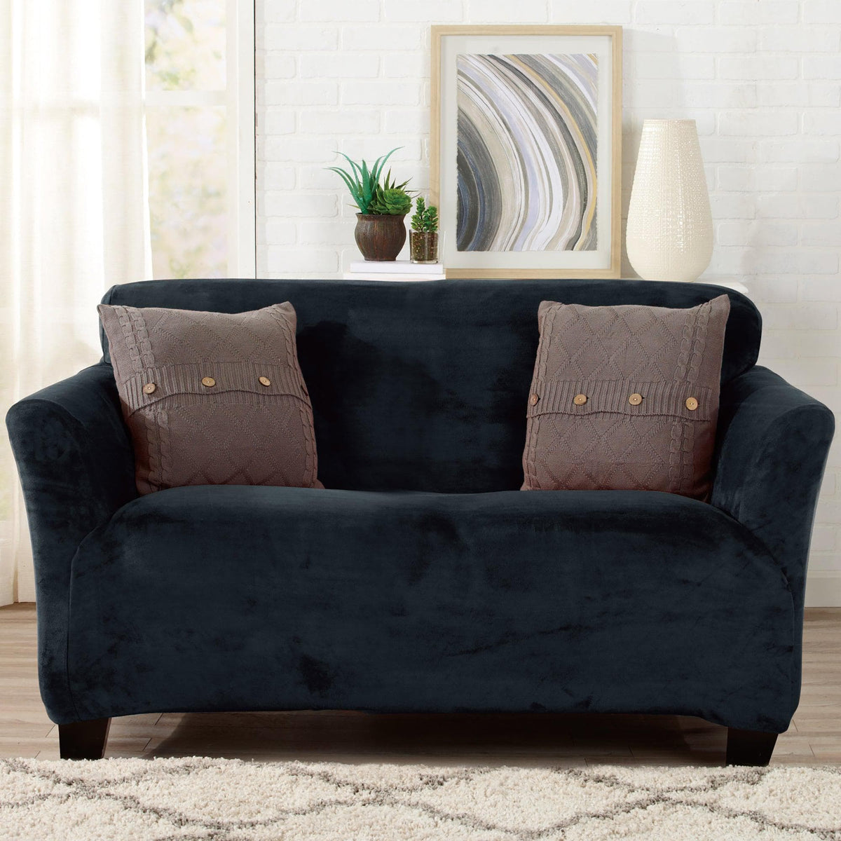 Velvet Stretch Slipcover Gale Collection for sofa in navy by Great Bay Home on Tampa Home & Garden Store